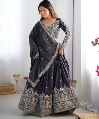 Grey Color Dori With Thread & Sequence Work Lehenga Choli Set 3