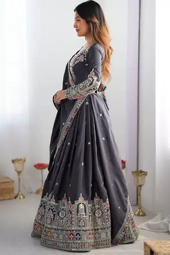 Grey Color Dori With Thread & Sequence Work Lehenga Choli Set