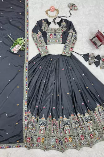 Grey Color Dori With Thread & Sequence Work Lehenga Choli Set