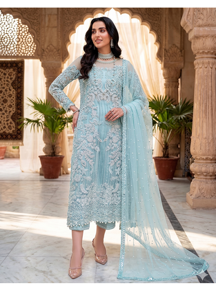 Womens new soft net with heavy embroiedery with sequence work kurta set 2