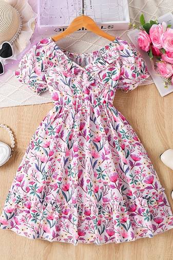 White & pink floral print cotton fabric fit & flare casual girls dress