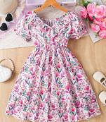 White & pink floral print cotton fabric fit & flare casual girls dress