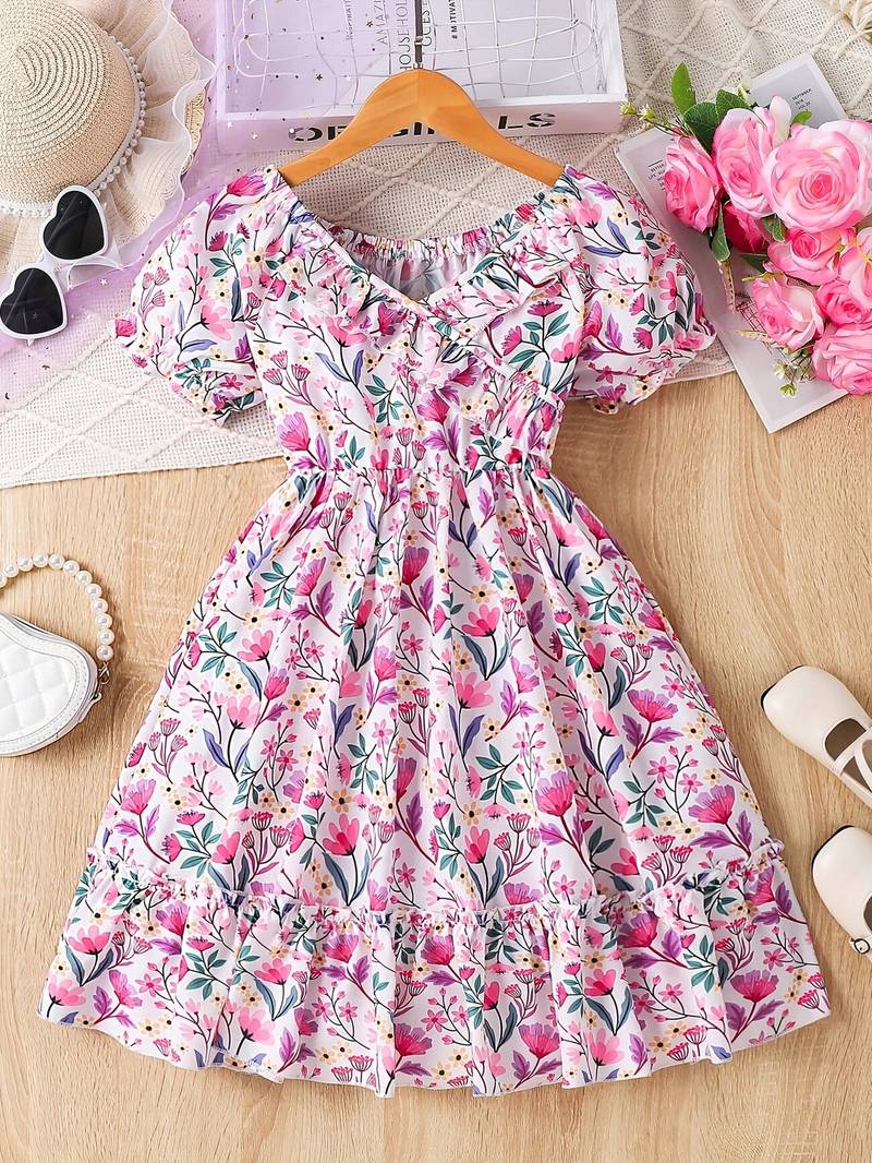 White & pink floral print cotton fabric fit & flare casual girls dress
