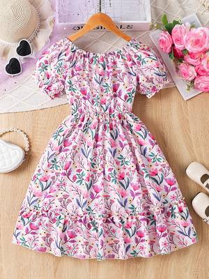 White & pink floral print cotton fabric fit & flare casual girls dress 2