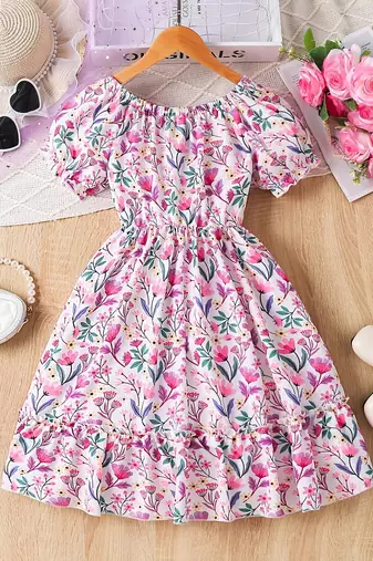 White & pink floral print cotton fabric fit & flare casual girls dress