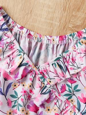 White & pink floral print cotton fabric fit & flare casual girls dress 3