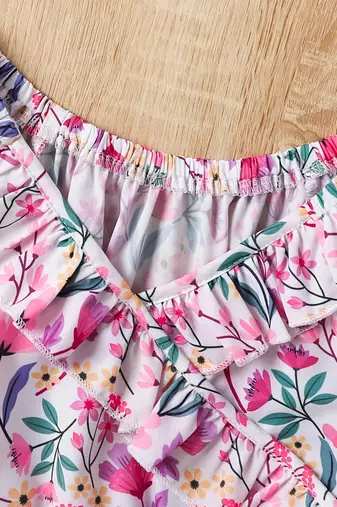 White & pink floral print cotton fabric fit & flare casual girls dress