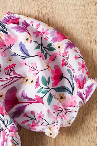 White & pink floral print cotton fabric fit & flare casual girls dress