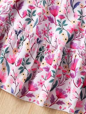 White & pink floral print cotton fabric fit & flare casual girls dress 5