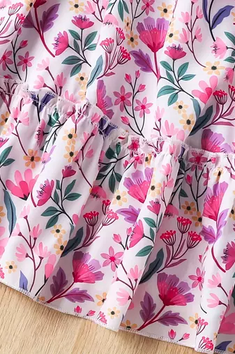 White & pink floral print cotton fabric fit & flare casual girls dress