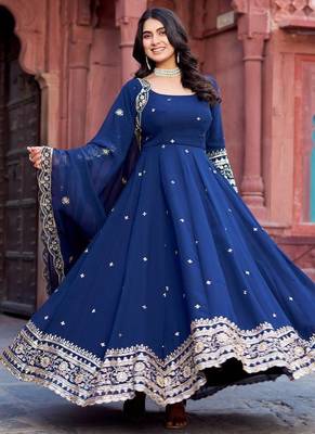 Navy Blue Color Thread With Sequence Work Faux Georgette Gown Bottom Set 1