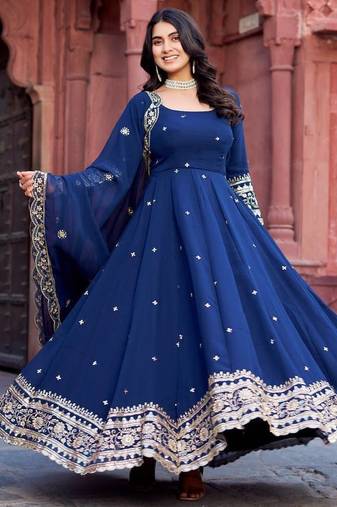 Navy Blue Color Thread With Sequence Work Faux Georgette Gown Bottom Set