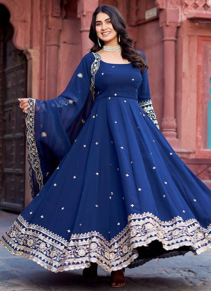 Navy Blue Color Thread With Sequence Work Faux Georgette Gown Bottom Set