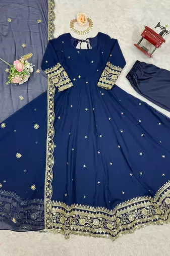 Navy Blue Color Thread With Sequence Work Faux Georgette Gown Bottom Set