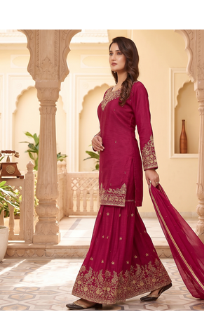 Womens rani pink embroidered sharara suit with golden zari work and chiffon dupatta 2