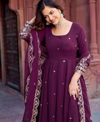 Plum Color Thread With Sequence Work Faux Georgette Gown Bottom Set 2
