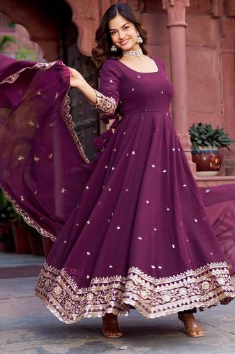 Plum Color Thread With Sequence Work Faux Georgette Gown Bottom Set