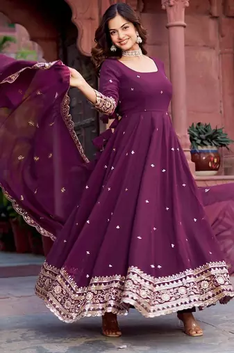 Plum Color Thread With Sequence Work Faux Georgette Gown Bottom Set
