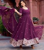 Plum Color Thread With Sequence Work Faux Georgette Gown Bottom Set