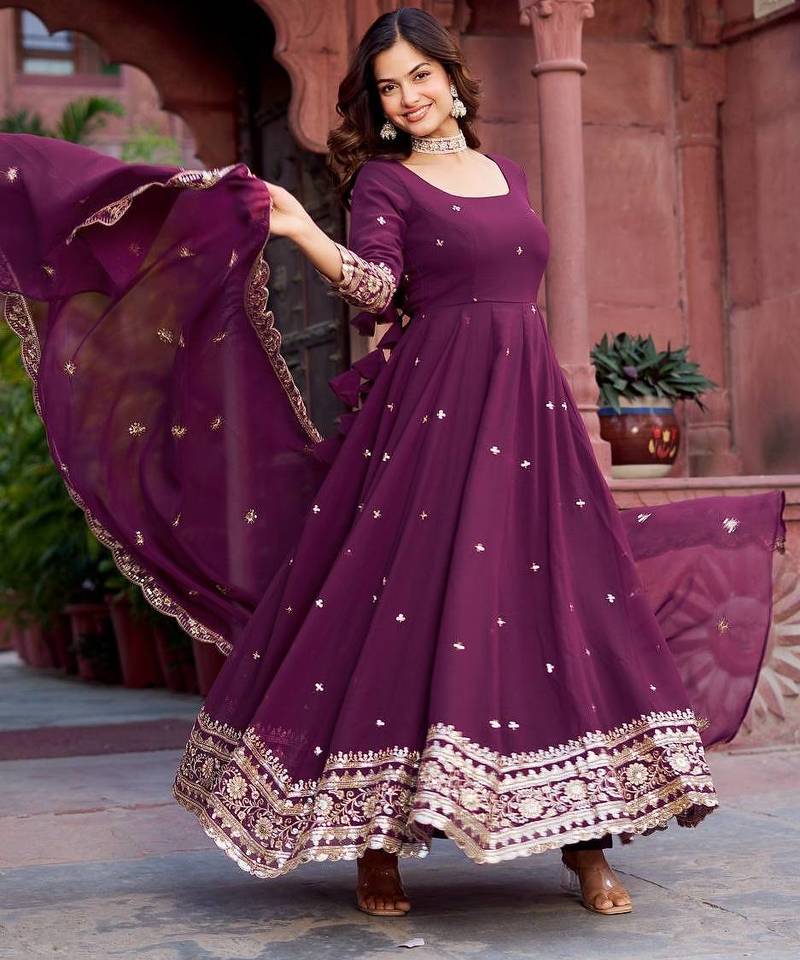 Plum Color Thread With Sequence Work Faux Georgette Gown Bottom Set