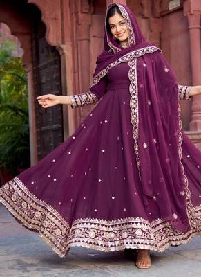 Plum Color Thread With Sequence Work Faux Georgette Gown Bottom Set 3