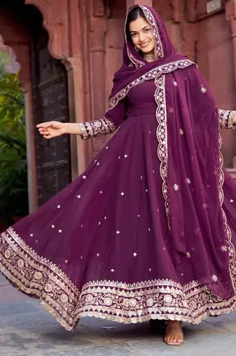 Plum Color Thread With Sequence Work Faux Georgette Gown Bottom Set