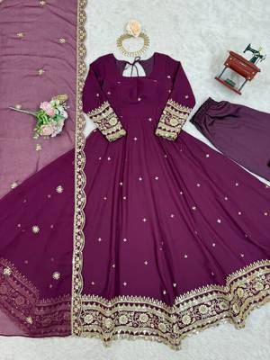 Plum Color Thread With Sequence Work Faux Georgette Gown Bottom Set 5