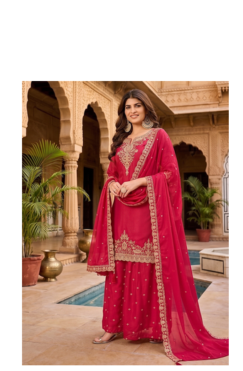 Womens new silk embroidered sharara suit with golden zari work and lace border dupatta 2