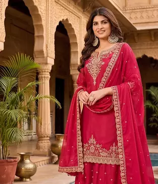 Womens new silk embroidered sharara suit with golden zari work and lace border dupatta