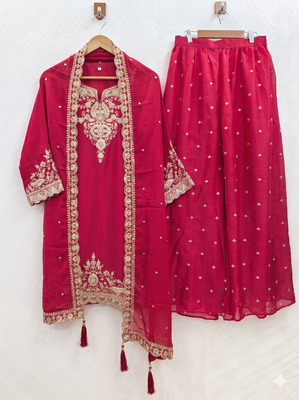 Womens new silk embroidered sharara suit with golden zari work and lace border dupatta 3