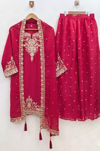 Womens new silk embroidered sharara suit with golden zari work and lace border dupatta