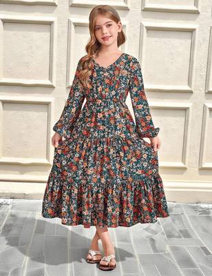 Dark green floral print cotton fabric tiered maxi casual girls dress 1