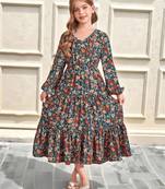 Dark green floral print cotton fabric tiered maxi casual girls dress