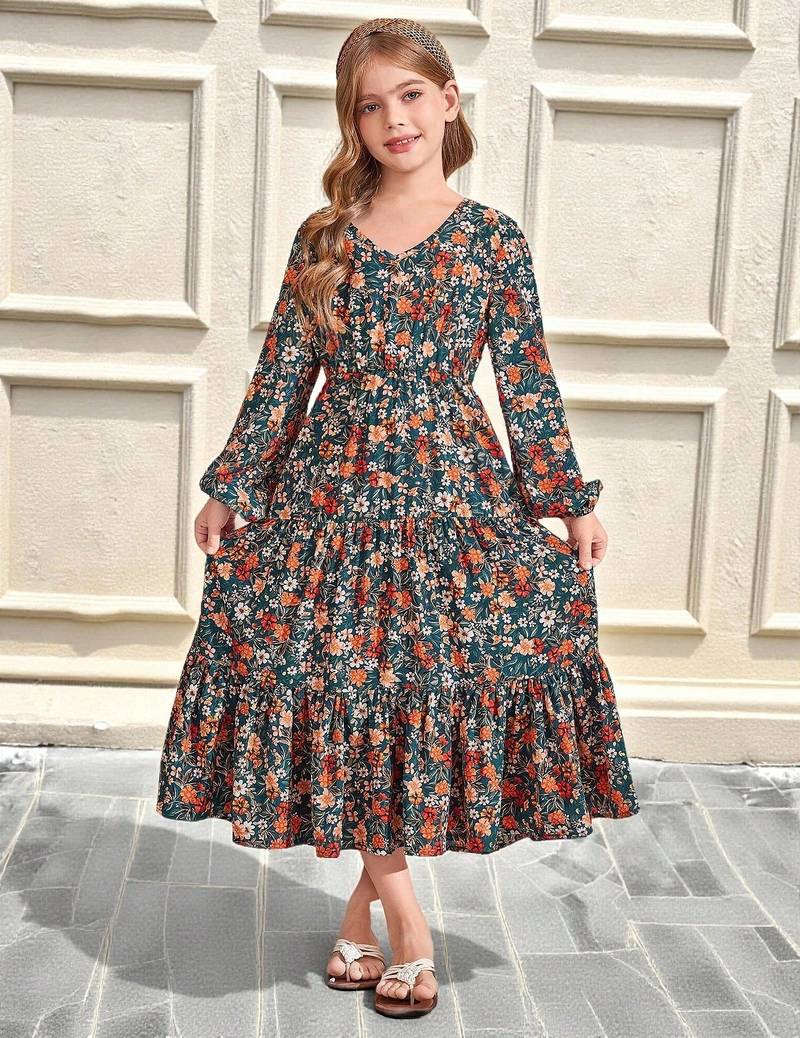 Dark green floral print cotton fabric tiered maxi casual girls dress