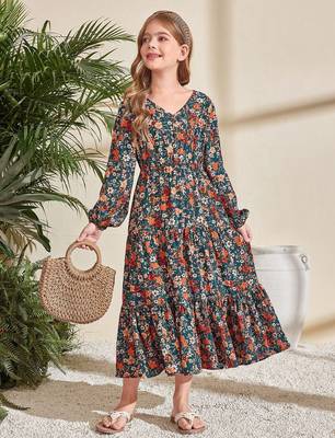 Dark green floral print cotton fabric tiered maxi casual girls dress 2