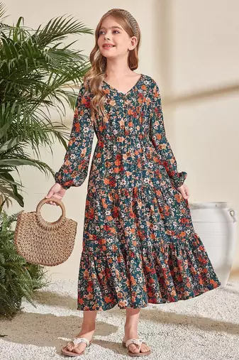 Dark green floral print cotton fabric tiered maxi casual girls dress