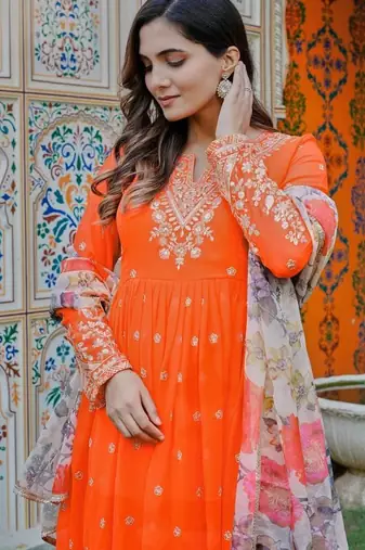 Orange Color Thread With Sequence Work Georgette Gown Bottom Set