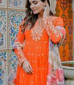 Orange Color Thread With Sequence Work Georgette Gown Bottom Set