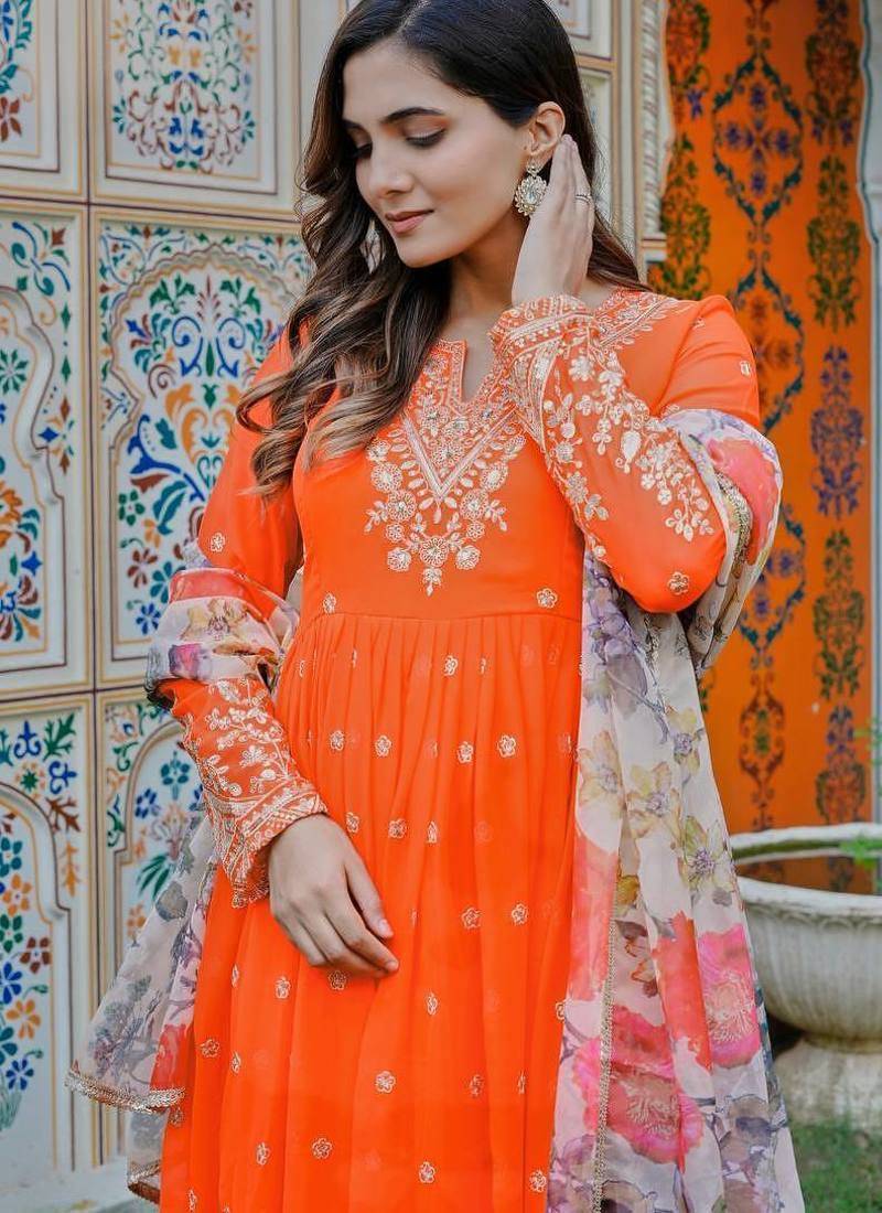 Orange Color Thread With Sequence Work Georgette Gown Bottom Set