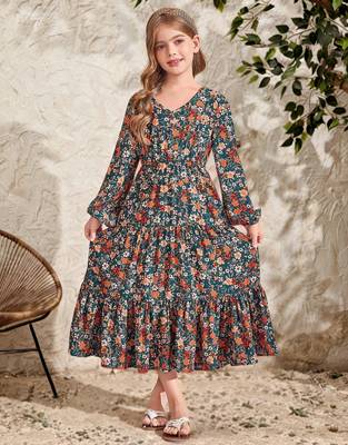Dark green floral print cotton fabric tiered maxi casual girls dress 3
