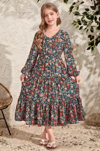 Dark green floral print cotton fabric tiered maxi casual girls dress