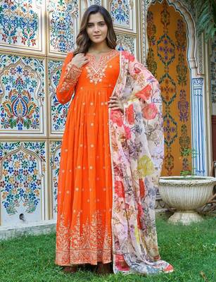 Orange Color Thread With Sequence Work Georgette Gown Bottom Set 2