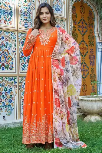 Orange Color Thread With Sequence Work Georgette Gown Bottom Set