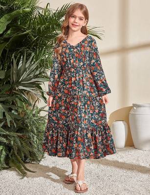 Dark green floral print cotton fabric tiered maxi casual girls dress 4