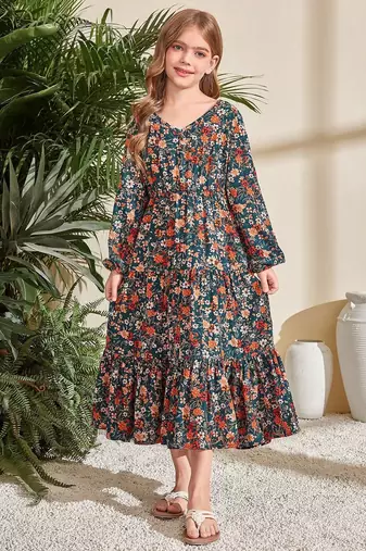 Dark green floral print cotton fabric tiered maxi casual girls dress