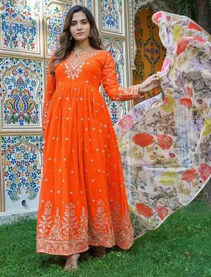 Orange Color Thread With Sequence Work Georgette Gown Bottom Set 3