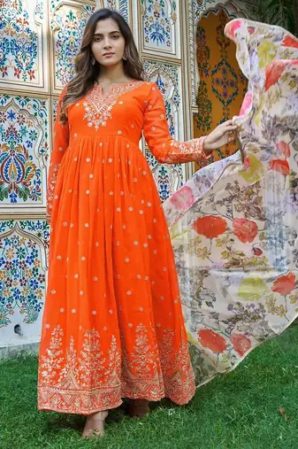 Orange Color Thread With Sequence Work Georgette Gown Bottom Set