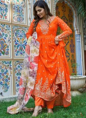Orange Color Thread With Sequence Work Georgette Gown Bottom Set 4