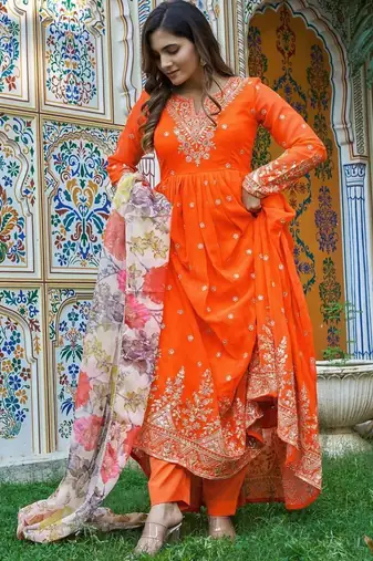 Orange Color Thread With Sequence Work Georgette Gown Bottom Set