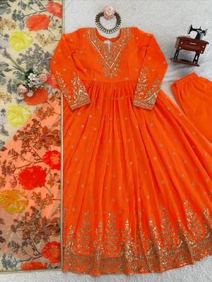 Orange Color Thread With Sequence Work Georgette Gown Bottom Set 5